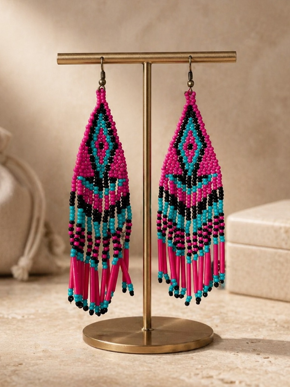Turquoise Fringe Beaded Earrings Western Boho Cowgirl Statement Gift